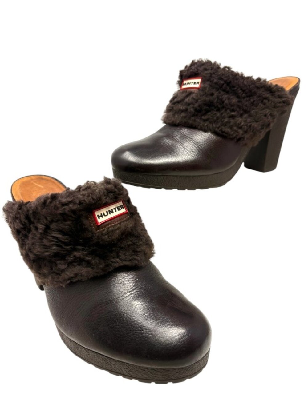HUNTER Brunson Leather Sheepskin Lined Chunky Heeled Mules